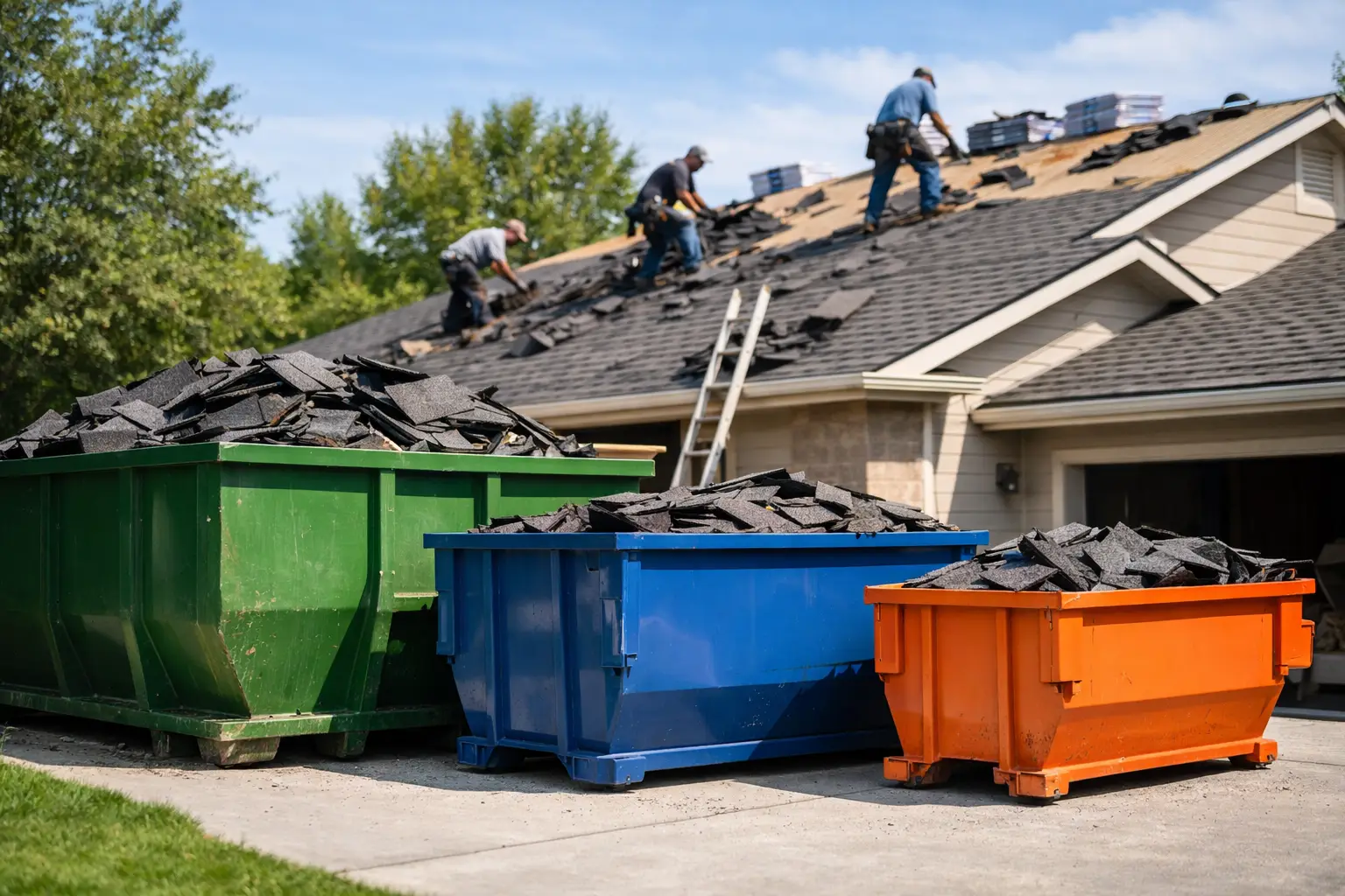 Roll-off dumpsters loaded with roofing shingles after a tear-off, illustrating the best dumpster for roofing shingles
