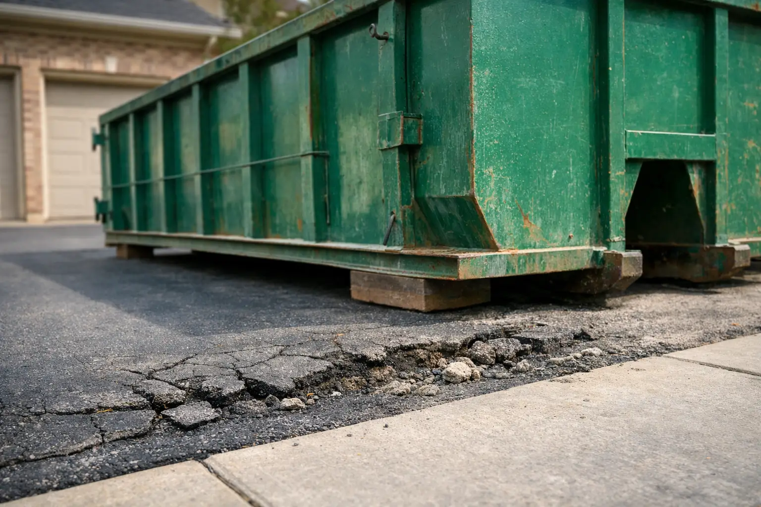 Dumpster on driveway showing potential for dumpster damage to driveways
