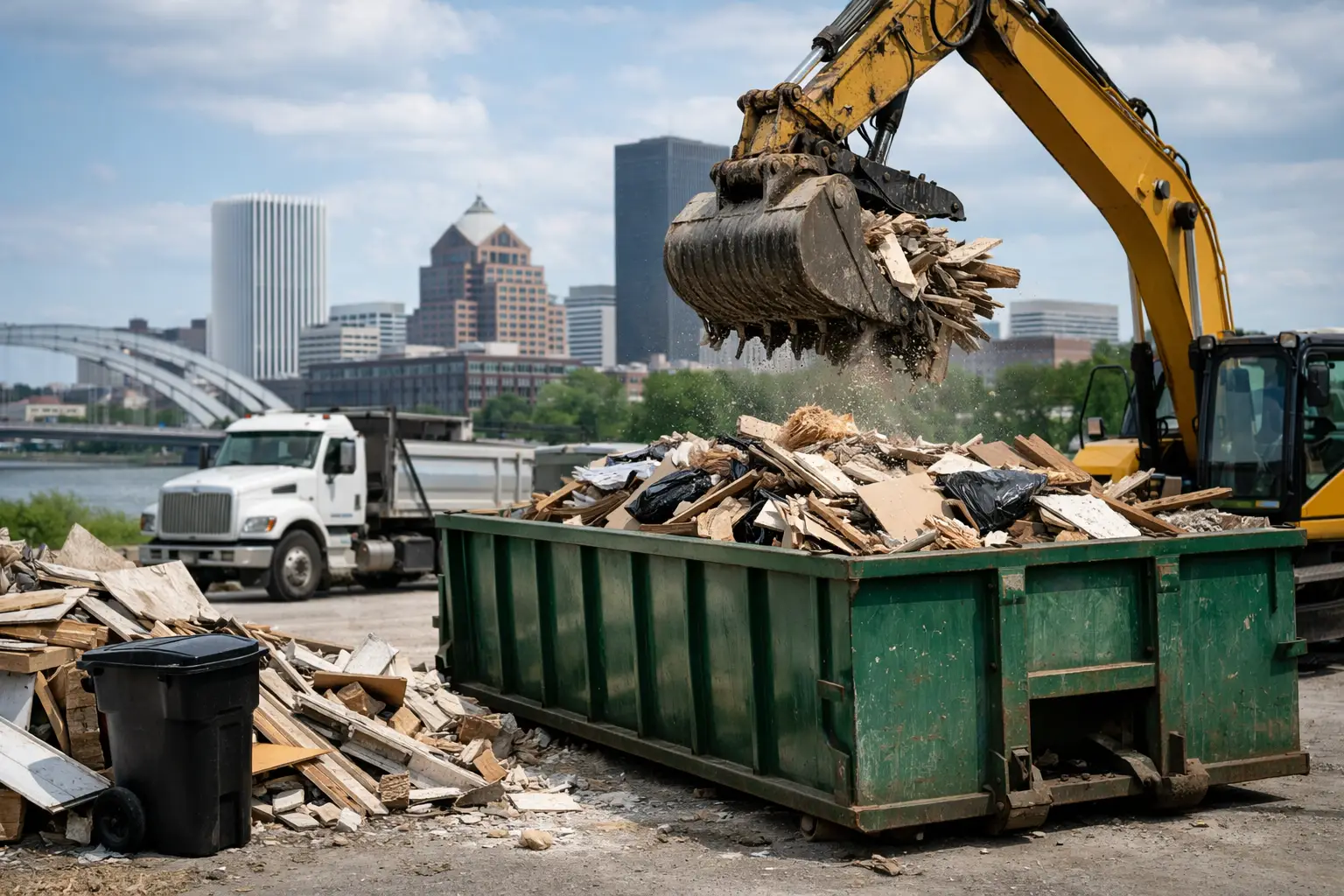 Roll-off dumpster used for debris disposal on a Rochester cleanup project