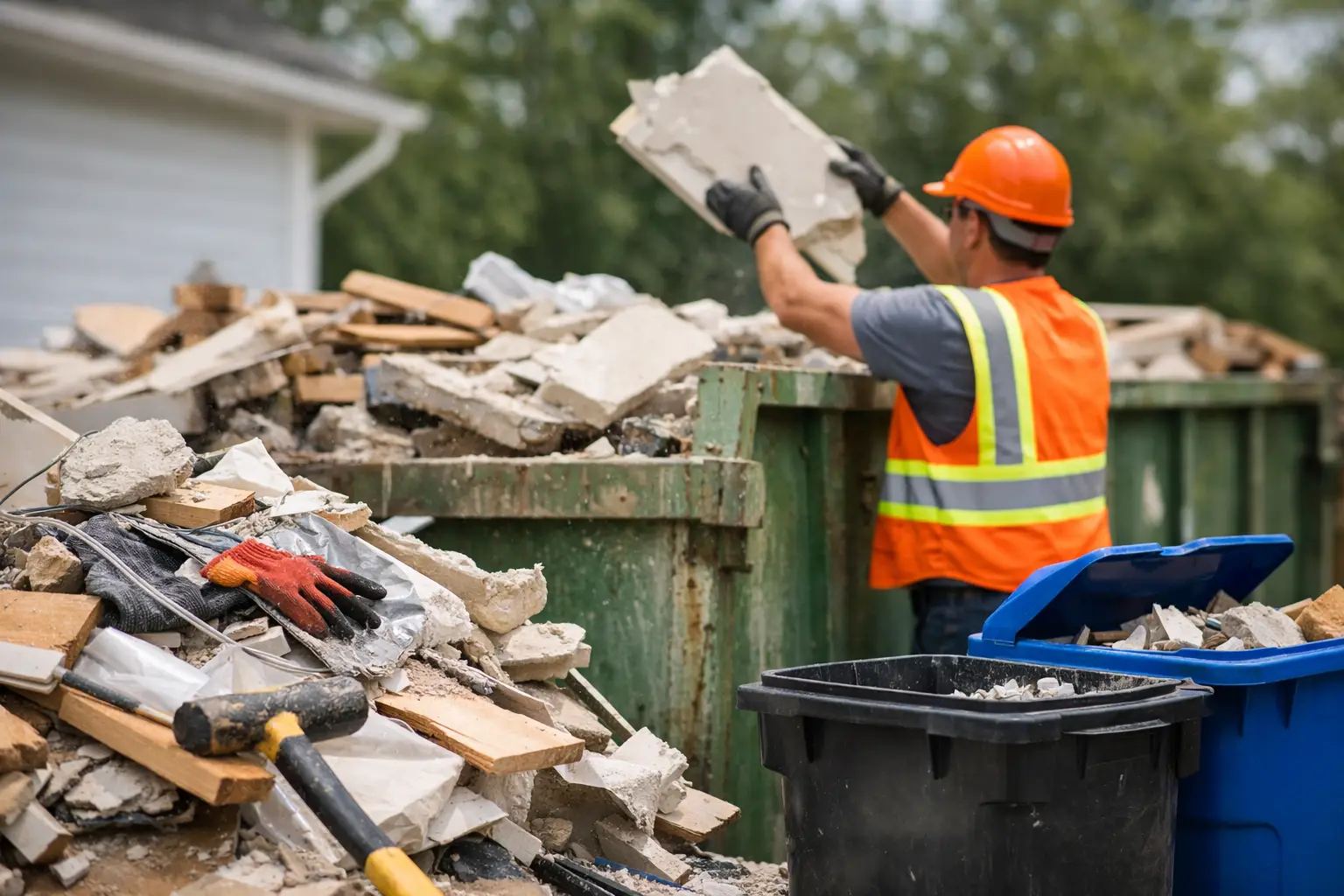 Worker sorting renovation debris into a roll-off dumpster to dispose renovation debris safely