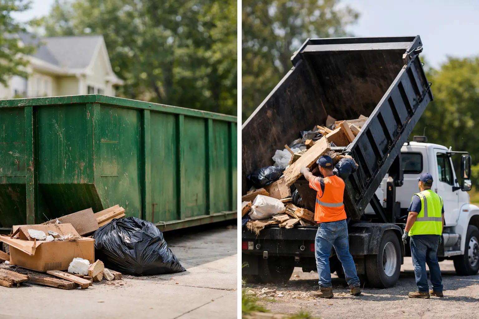 Dumpsters versus hauling: a roll-off dumpster beside a hauling crew loading debris