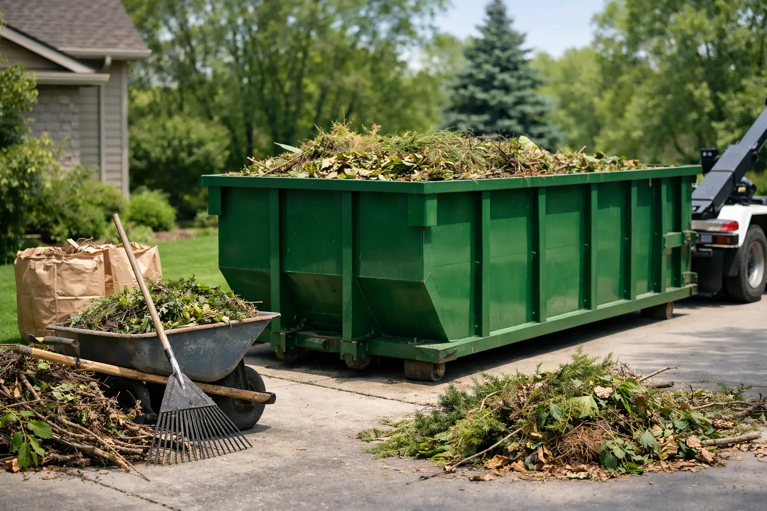 Yard waste dumpster rental filled with brush and yard debris in Rochester NY