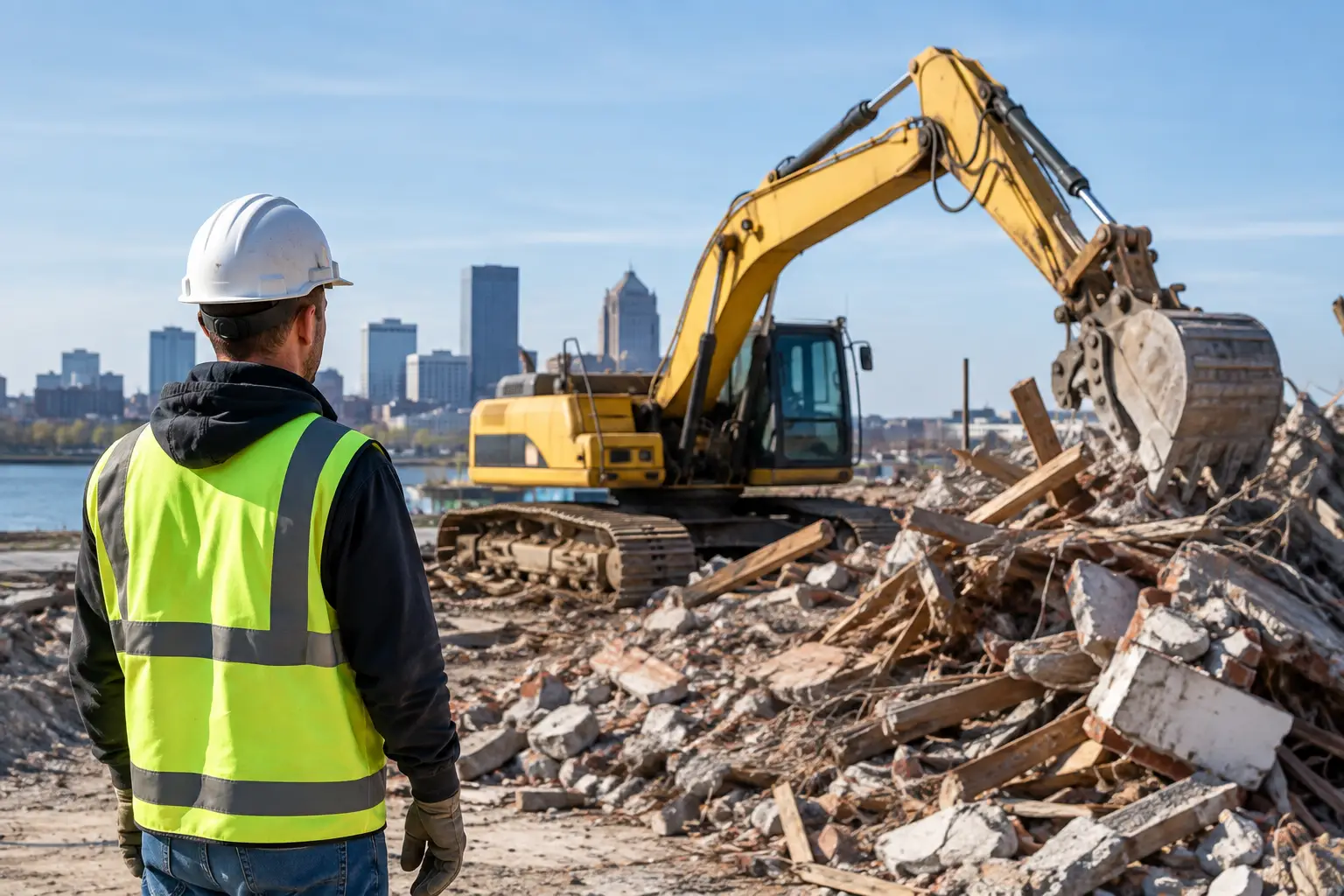 Demolition debris disposal guide: excavator loading demolition debris on a Rochester job site