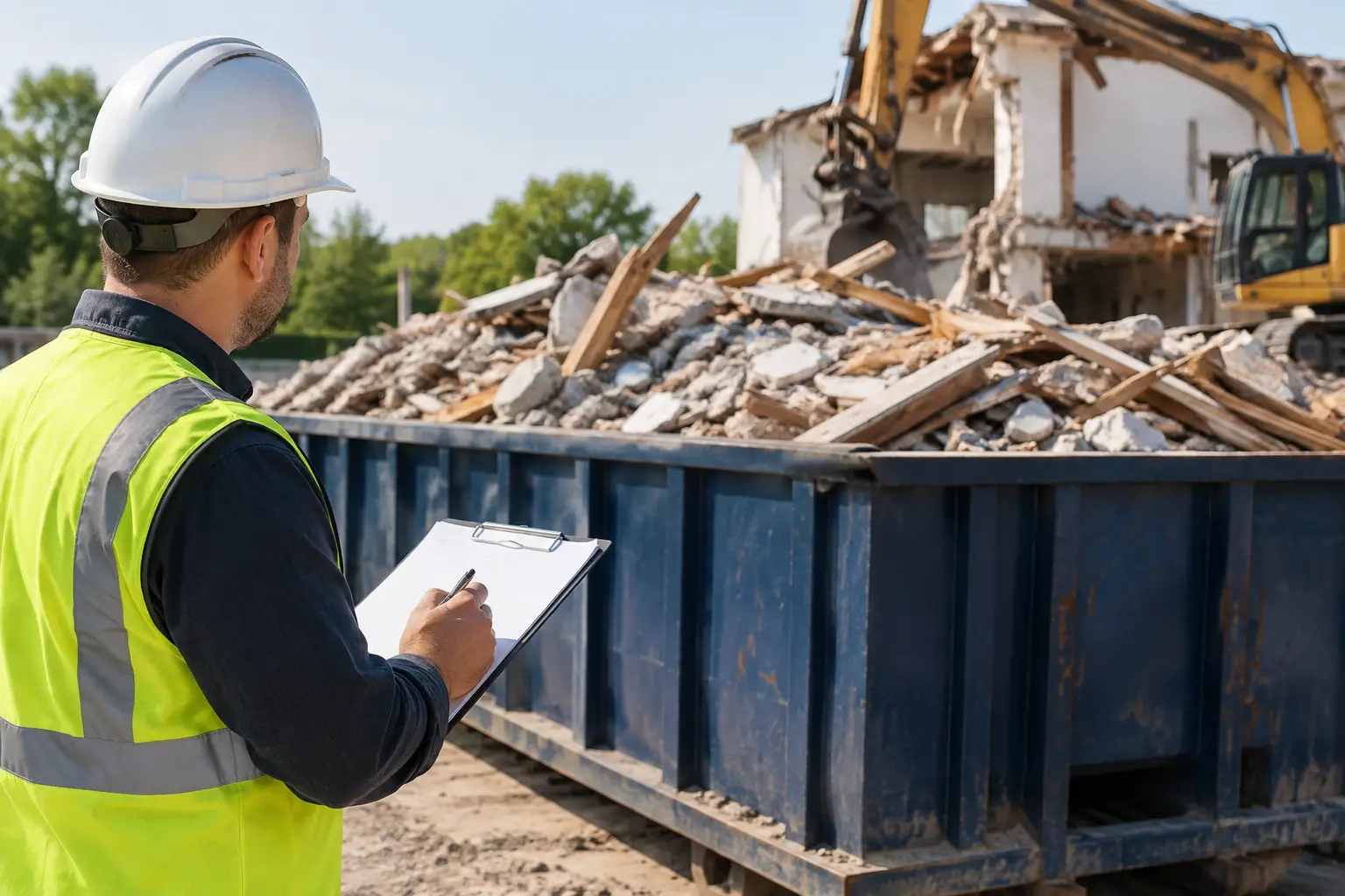 Worker estimating demolition debris volume next to a dumpster for a demolition debris dumpster rental