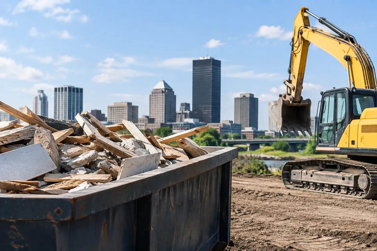 Where can construction debris go - roll-off dumpster loaded with construction debris in Rochester NY