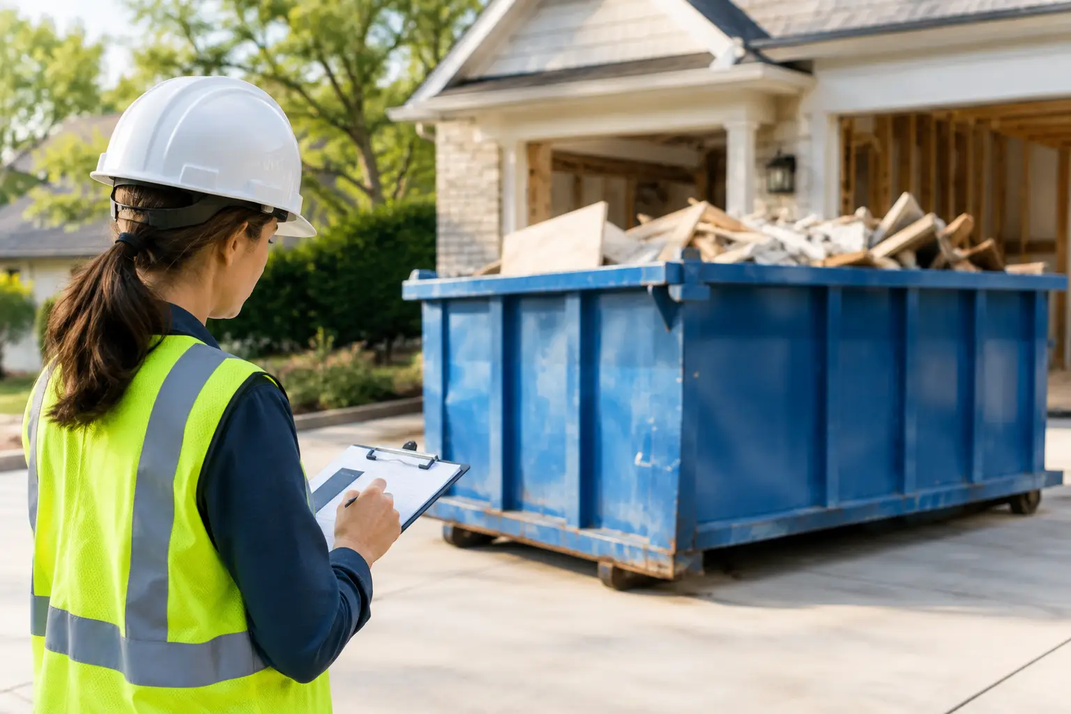Worker with clipboard checking renovation dumpster permit questions beside a blue roll-off dumpster